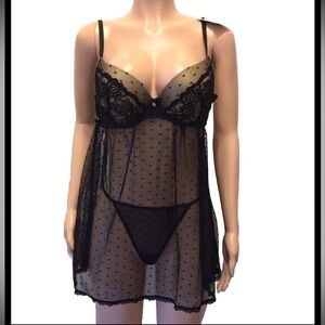 Daisy Fuentes 2pc Black Dot Mesh Babydoll Nightie & G-string Panty Set Size XL